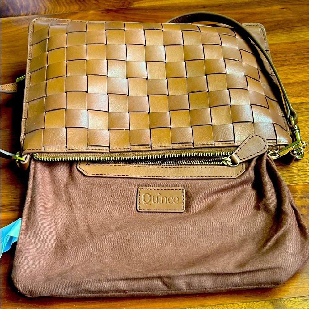 Quince Italian Leather Handwoven Convertible Crossbody Bag in Cognac - Picture 7 of 13
